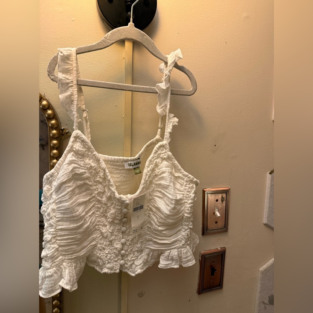 White Ruffled Button-Front Cotton Camisole Top